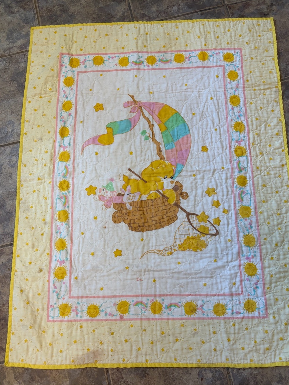 Baby Quilted Crib Blanket vtg Care Bear Funshine bear 44x34